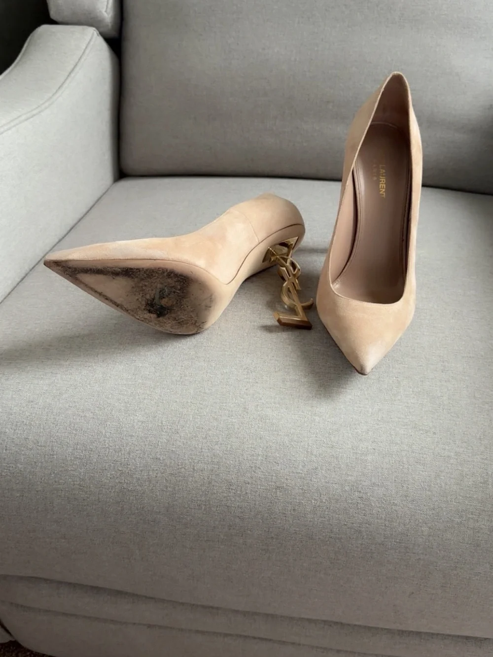 Saint Laurent Nude Suede Opyum Pumps with Gold YSL Heels - Picture 5 of 5